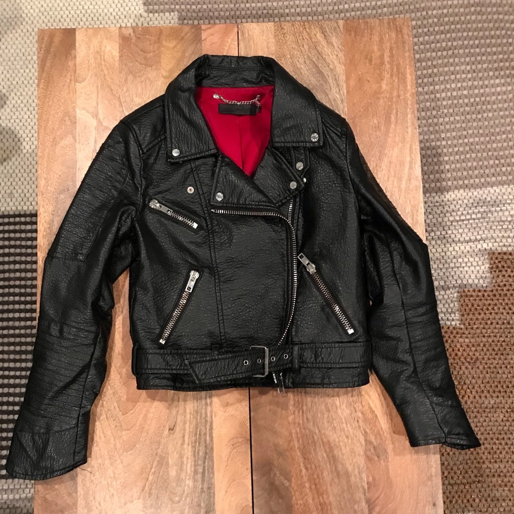 ABS Faux Black Moto Leather Jacket Red Lined